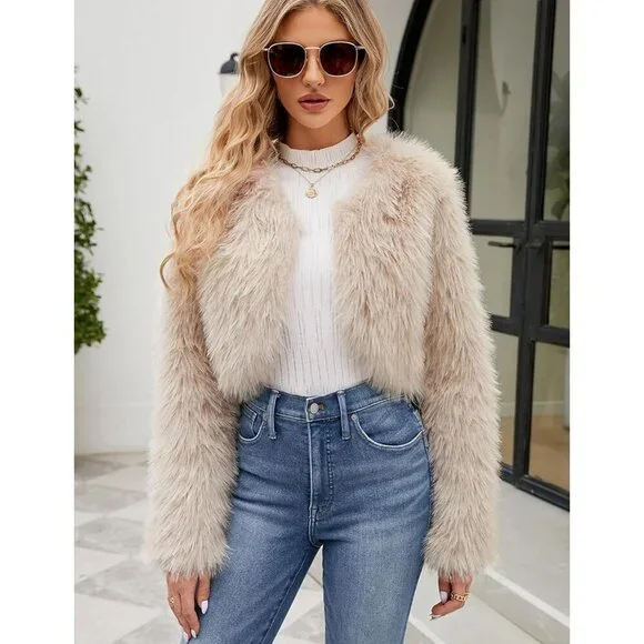 Women's Apricot Gihuo Cropped Faux Fur Coat Open Front Fleece Winter Jacket - Picture 2 of 7